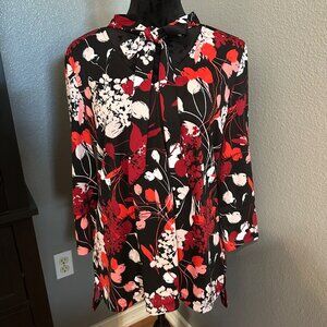 Worthington Women's XL Floral Bow Tie Neck Blouse Red Black White‎ 3/4 Sleeve